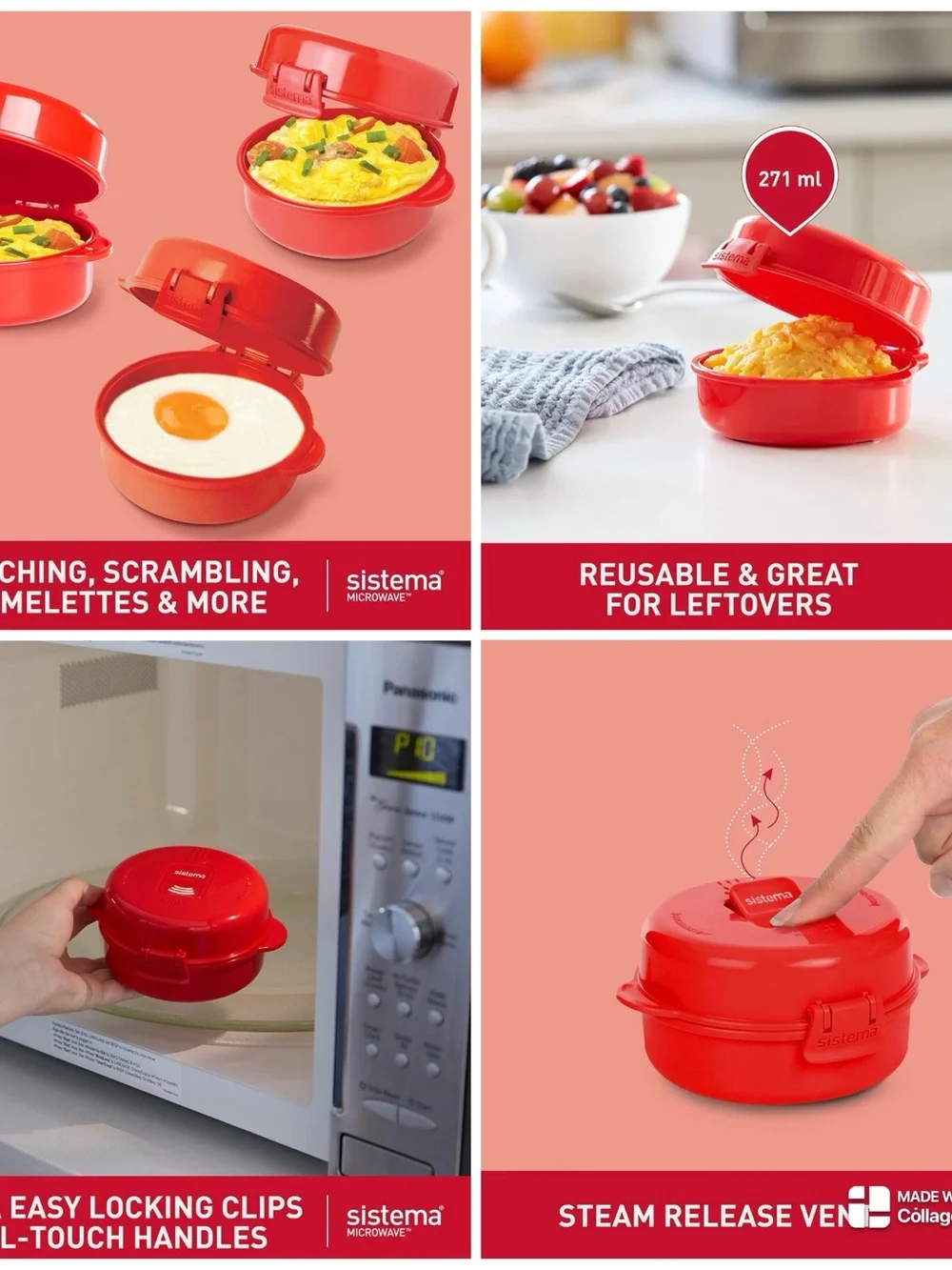 Sistema Microwave Easy Eggs Cooker 270ml Red BPA Free Egg Poacher Omelet